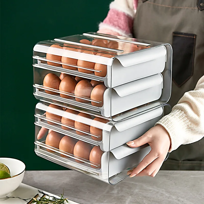 Transparent Double Layer Egg Storage Box Drawer Type Refrigerator Organizer Automatic Rolling Egg Holder