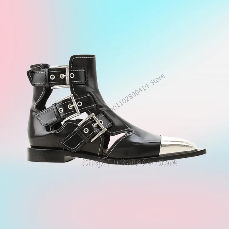 

Black Hollow Design Buckle Decor Metal Pointed Toe Pumps Slip On Women Shoes Chunky Heels Fashion Party 2023 Zapatos Para Mujere