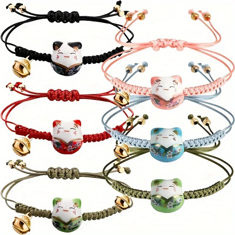 6-piece set of cat lucky charm bracelet; cute lucky cat ceramic bead bracelet; Feng Shui lucky bracelet.