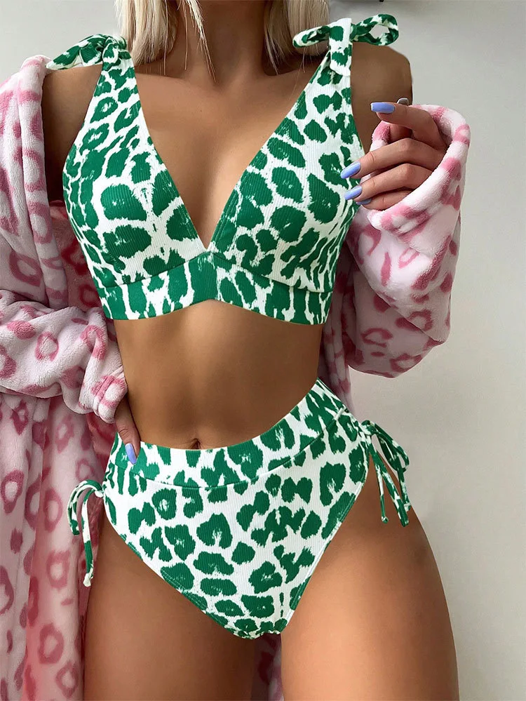 Leopard Push Up Swimwear Women V Neck Swimsuit Sexy High Waist Bikini Set Knot Ties Beach Bathing Suit Summer New 2023