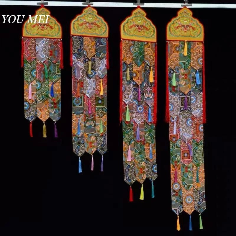 

Patterned Embroidered Taotie Buddhist Sail Flags,Colorful Embroidery Prayer Flag,Buddhist Item Hall Floral Hanging Curtain