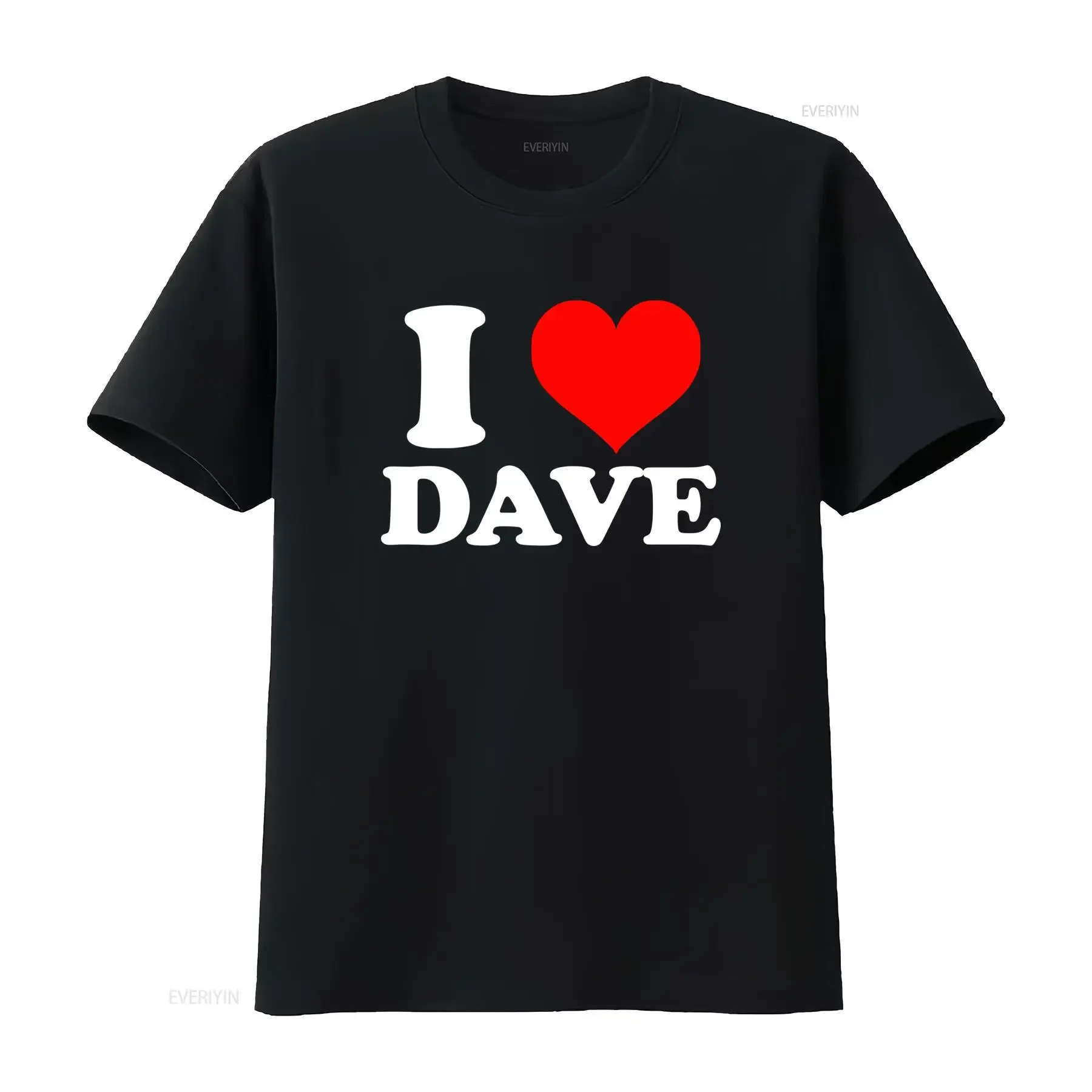 I Heart Dave T Shirt Zwart Casual Losse Pasvorm Ronde Hals met Dikke Witte Tekst Rood Design Wasmachinebestendig Novelty