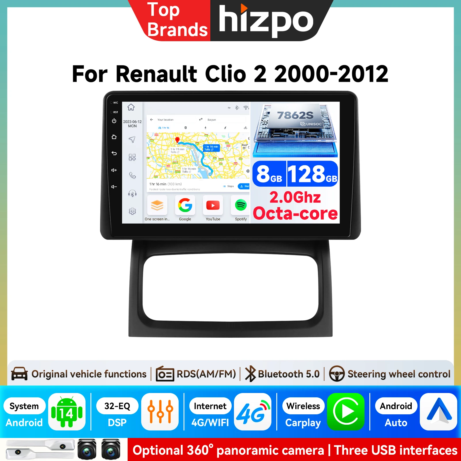 Hizpo 7862 CarPlay für Renault Clio 2 BB CB 2001-2012 GPS-Navigation Autoradio Video-Audio-Multimedia-Player BT DSP Stereo WLAN