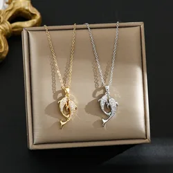 New Korea Fashion Full Zircon Double Dolphin Pendant Necklace for Women Charm Stainless Steel Collarbone Chain Jewelry Colorfast