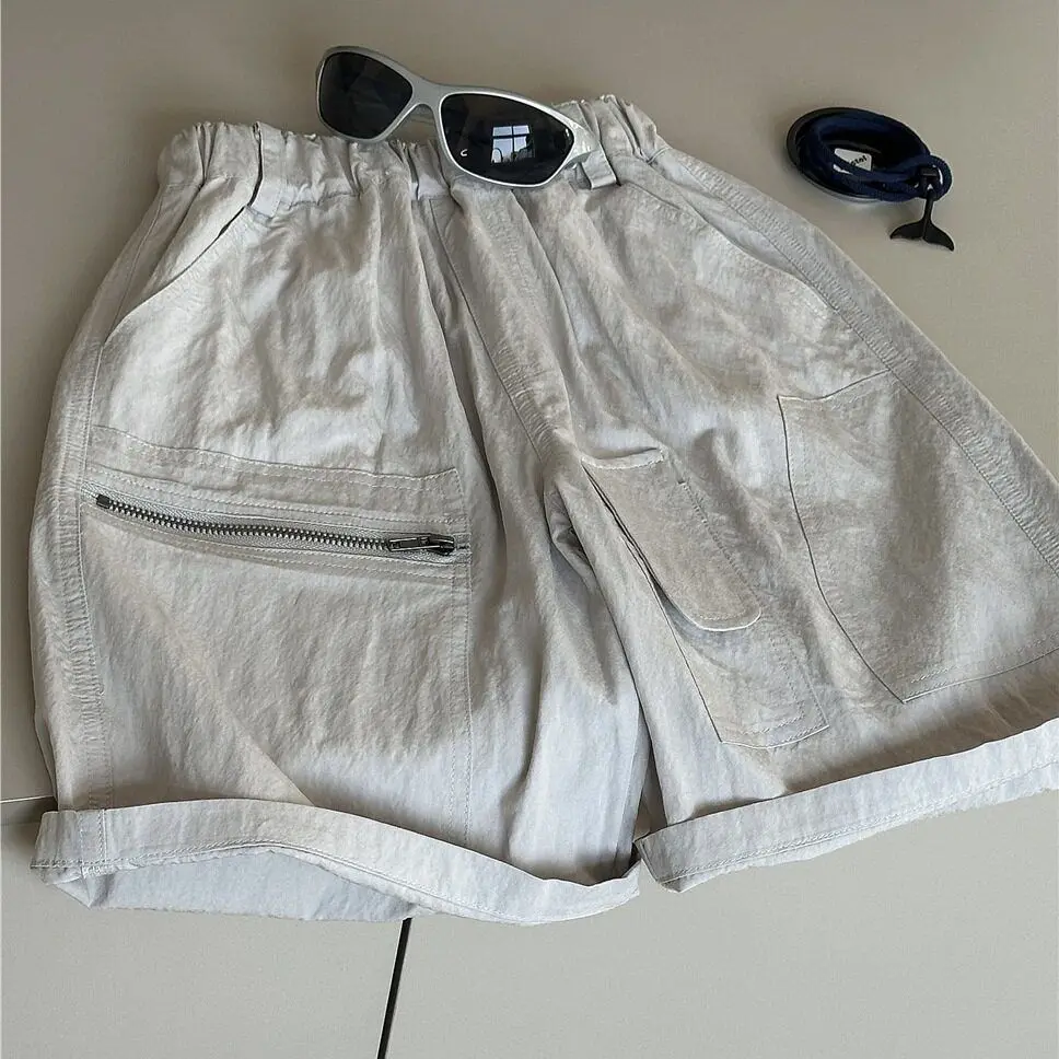 Kids Stylish Thin Cool Light Gray Cargo Shorts 2026 Summer Boys Loose Casual Five Point Pants Mid Length Shorts