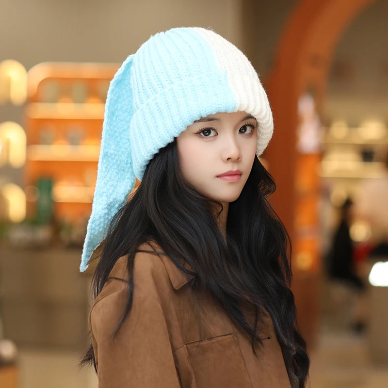Korean Cute Contrast Color Rabbit Ear Knitted Hat Winter Keep Warm Beanie For Women