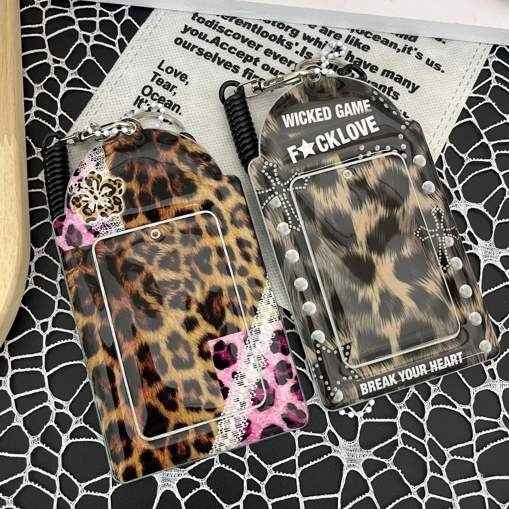 Leopard Print PVC Card Sleeve Protector for ID Student Card with Lanyard