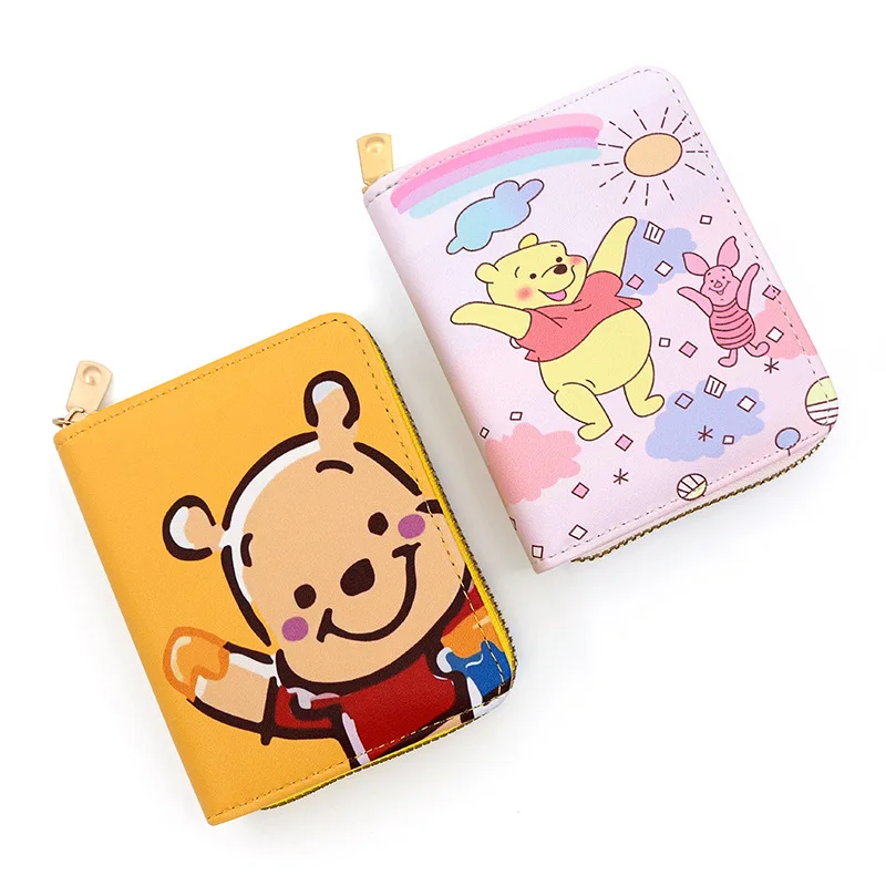 Disney Winnie the Pooh Coin Purse Cartoon Animals Mini PU Wallets for Boys Girls Students Card Bag with Zipper Gifts for Kids