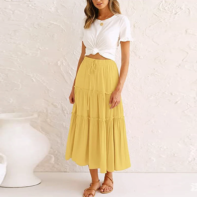 

Boho Solid Skirt Women Casual Beach Long Skirt Maxi Skirts Elastic Waist Vacation Faldas Saia Drop Shipping