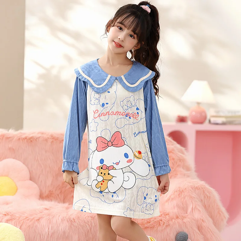 Sanrios Cartoon My Melody Cinnamoroll Hellokittys Kawaii Princess Collar Long Sleeve Pajama Dress Cute Comfortable Nightdress