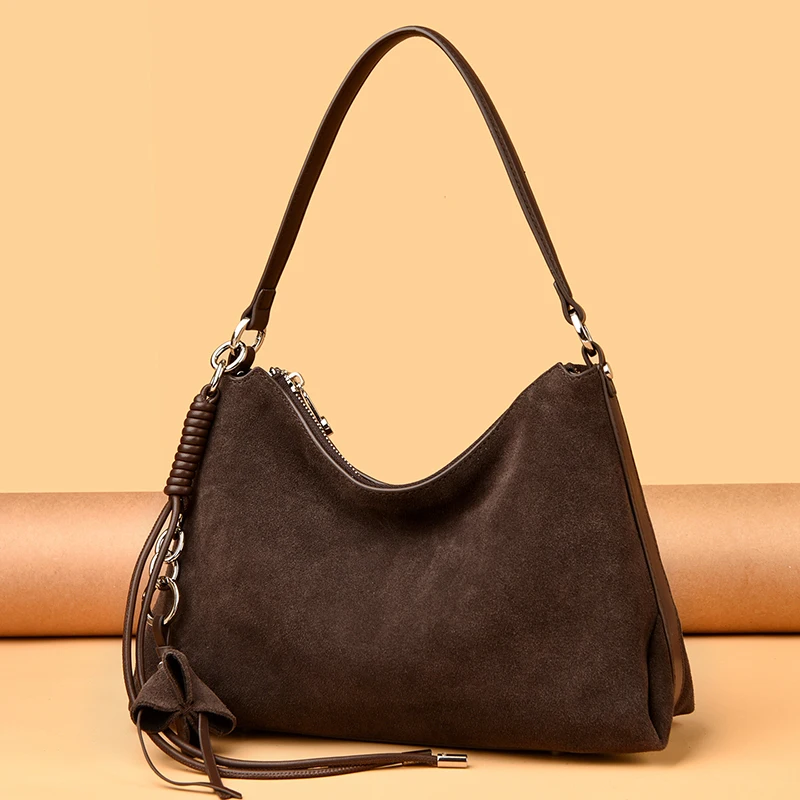 100% Echtes Wildleder Damen Schulter-Umhängetaschen Retro Echtleder Handtasche Designer Große Kapazität Pendler-Handtaschen – Detail 31