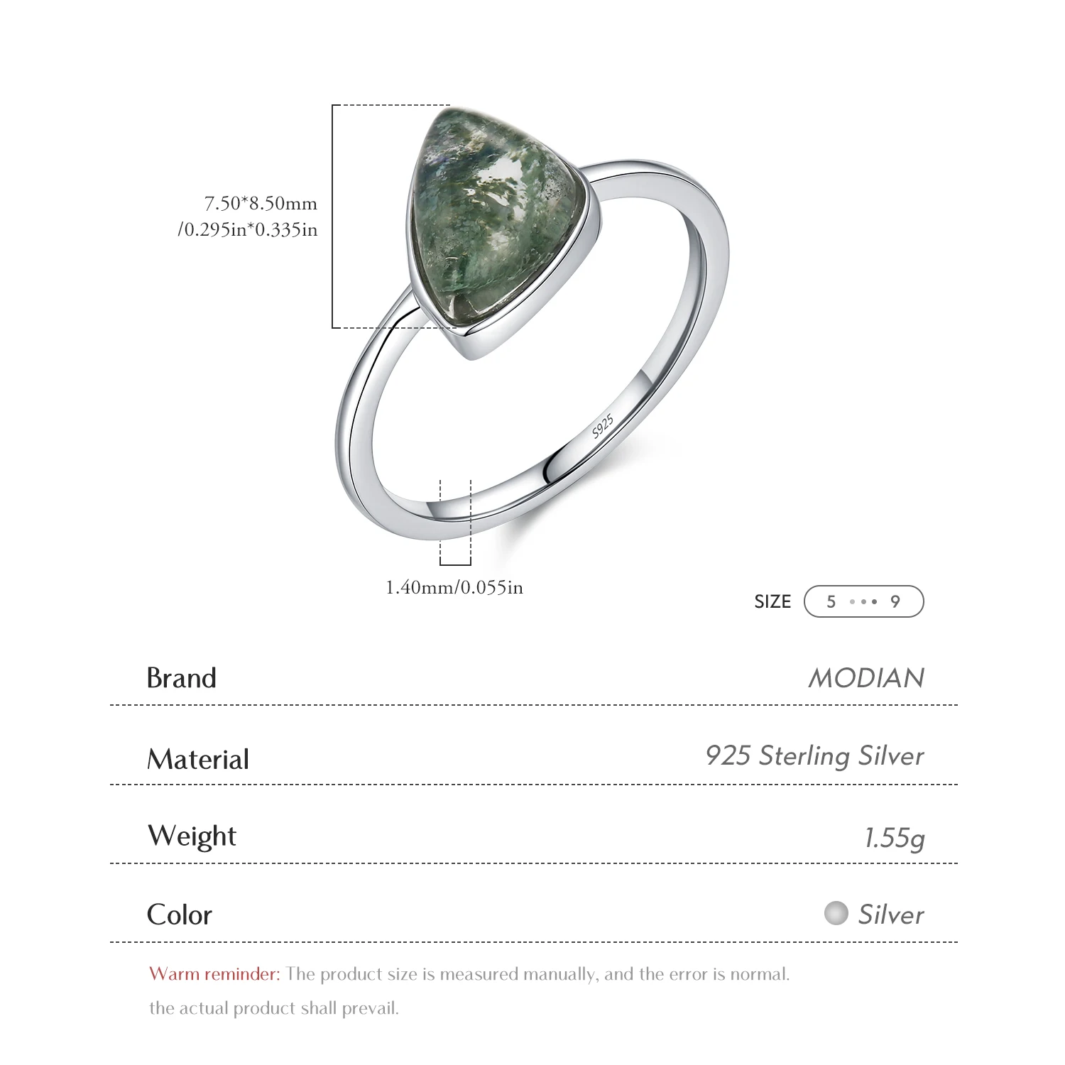 MODIAN 925 Sterling Silver Triangle Moss Agate Ring Bezel Set Solitaire Dainty Thin Band Stackable Finger Ring For Women Jewelry - view 4