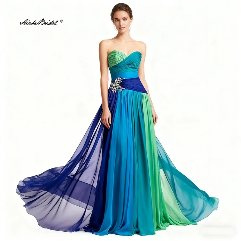 

Customized Long Colorful Chiffon Strapless Evening Dresses A-Line Floor Length Party Dresses Vestido de gala