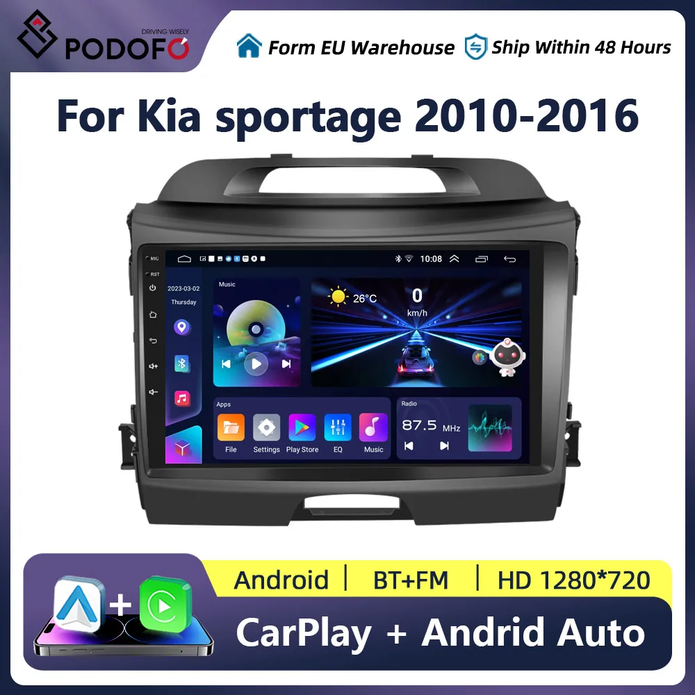 Podofo Car Stereo Radio 2 Din Android Carplay For Kia Sorento 2004-2008 Multimedia Touch Screen Player Navigation GPS Home Wifi