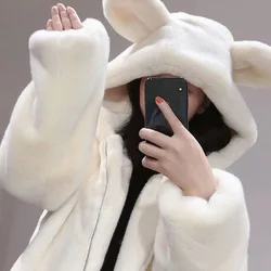 Bear Ears Hooded Jacket Women's Medium Winter Hat Thickened Plush Length Fake Fur Coat Warm Comfortable Casual Outerwear
