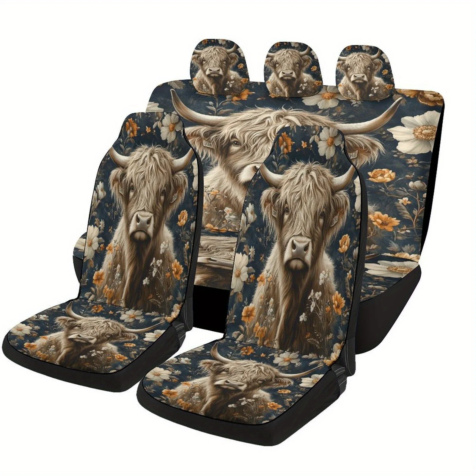 

Highland Cow Floral Themed Car Seat Covers Set For Most Cars, Decorative Fashionable High-quality Car Seat Protector Covers Full