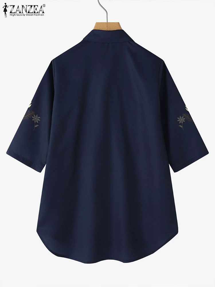 ZANZEA 2025 Jesienne Bluzki Damskie z Kwiatowym Nadrukiem Długie Koszule Vintage Bluzki Tuniki z Rękawem 3/4 Dekolt w Klapie Codzienne Bluzki Odzież