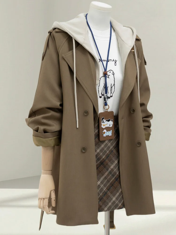 WHTREND الكورية نمط تصميم وهمية قطعتين مقنعين خندق معطف للنساء فضفاض منتصف طول سترة واقية سترة معطف WH1559 #3