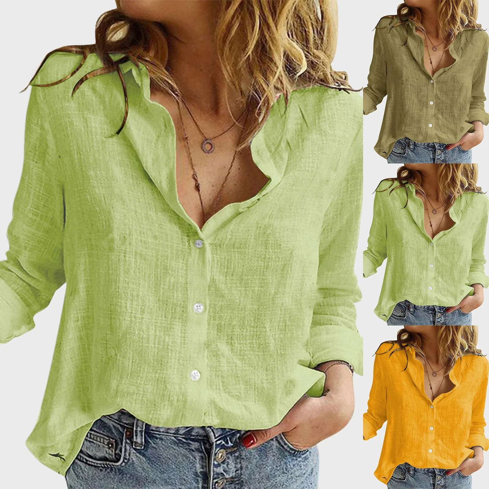 Solid Colour Shirt Women\'s Shirt Casual Loose Long Sleeve Shirt Blouse Fashion Korean V Neck Button Versatile Tops Blouse