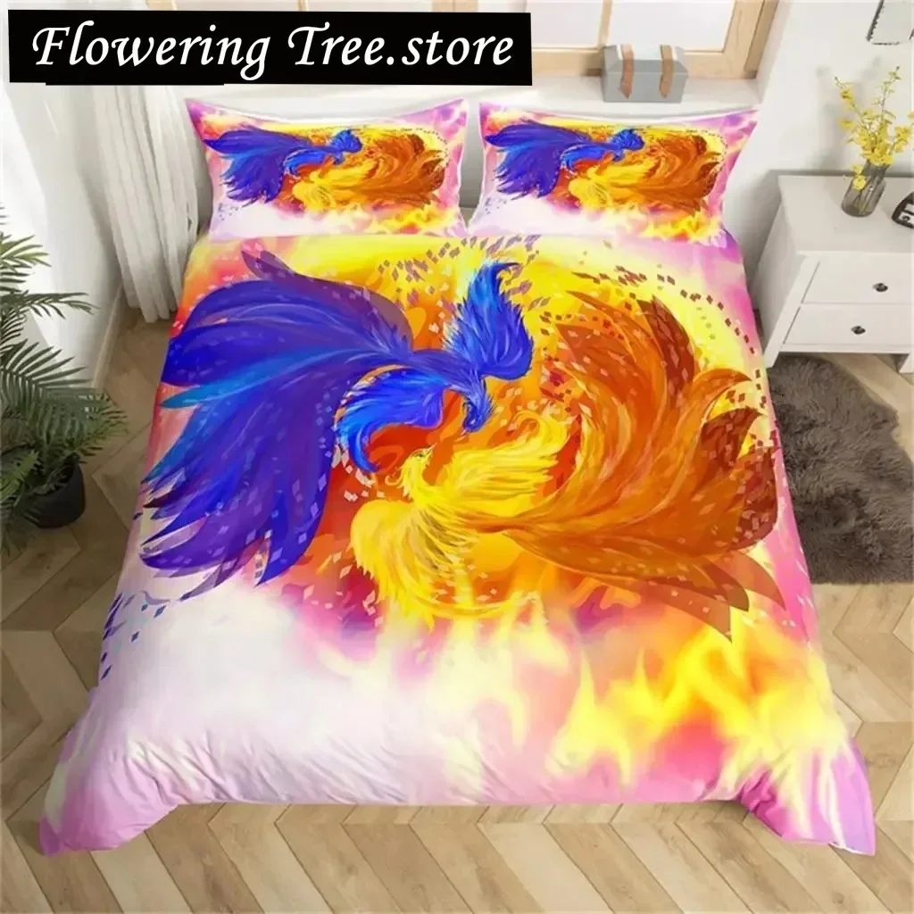 Gorgeous Colorful Phoenix Duvet Cover Set Cartoon Birds Bedding Set Full Microfiber Flame Wings Comforter Cover Bedroom Decor
