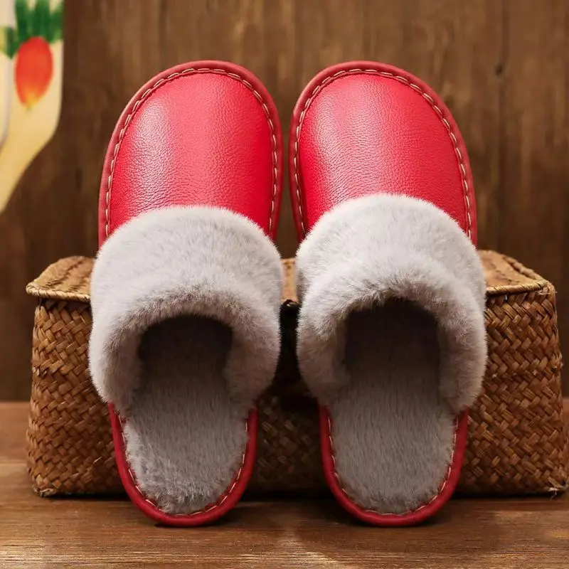 Hot Sale Fashionable and Simple Slippers for Women 2025 Autumn/Winter New Leather Silent Home Warm Couple Shoes Men's Slippers