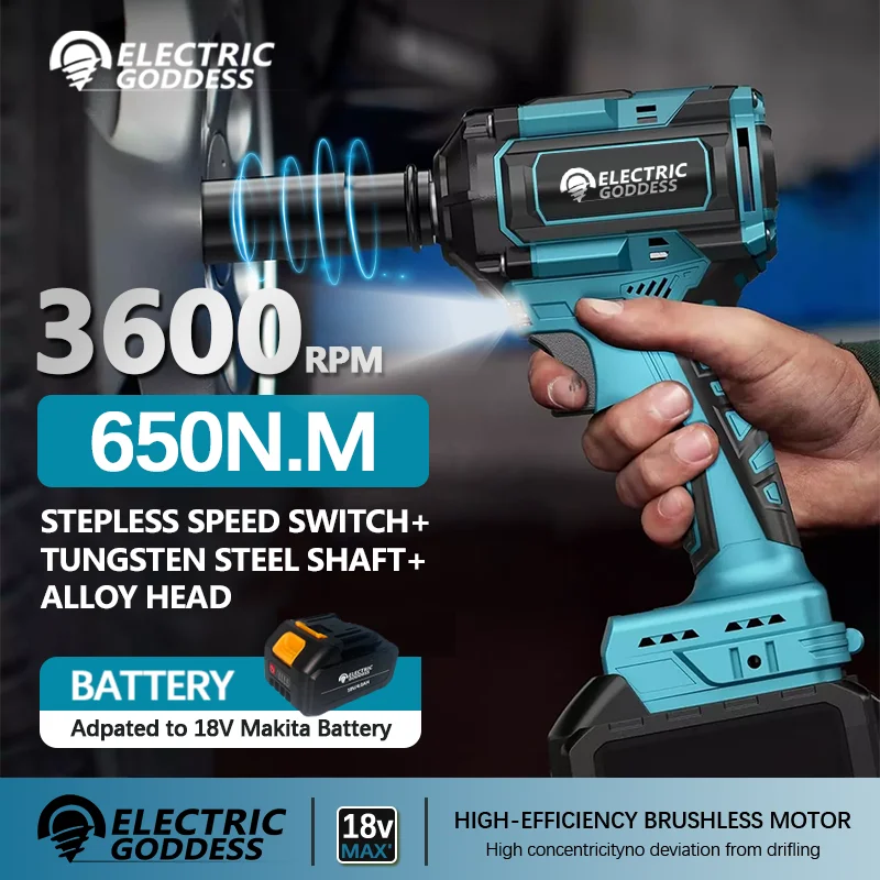 

Electric Goddess 650N.m Brushless Electric Impact Wrench Screwdriver 1/2 Inch Power Tools Compatible With Makita 18V Battery