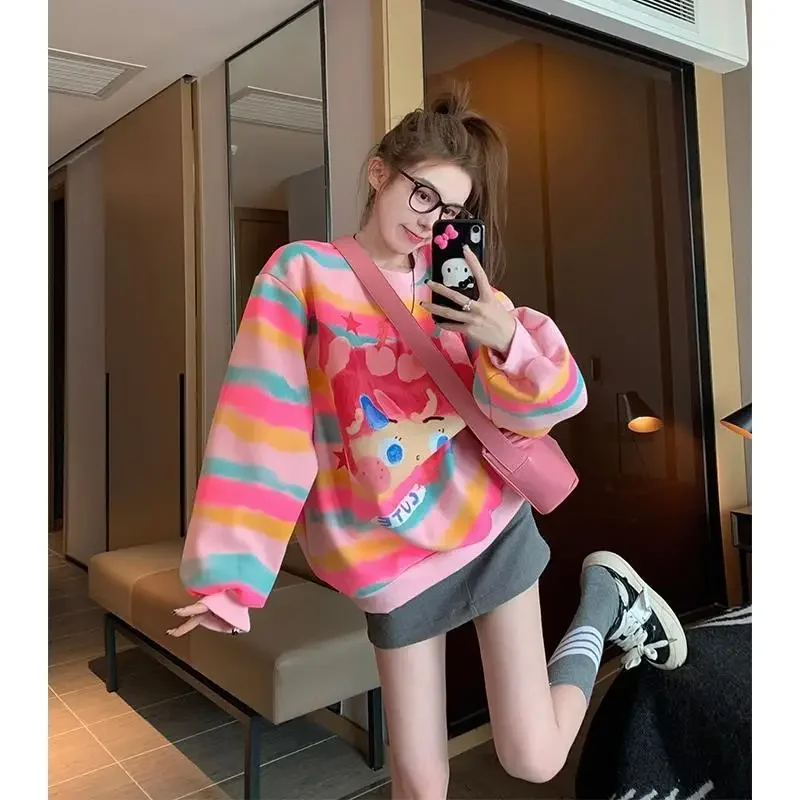 INS Lovely Y2K Striped Cartoon Egirls Hoodie O-neck Pullover Autumn Winter Kawaii Sweatshirt Korean Fashion Couples Harajuku Top