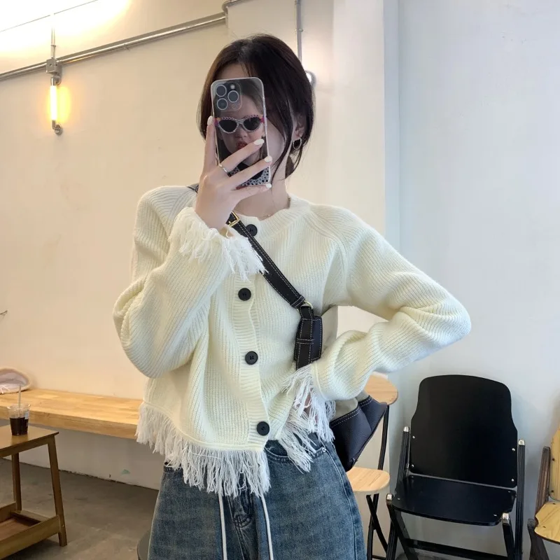 

Женское вязаное пальто с кисточками, весна-осень 202, новый уникальный изысканный открытый кардиган небольшого размера, универсальный длинный све, круглый...