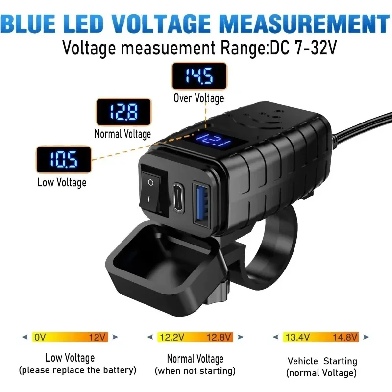 1pc Motorcycle PD+QC3.0 USB Fast Charger 60W Handlebar Dual USB Socket with Switch Voltmeter Waterproof 12V Power Supply Adapter