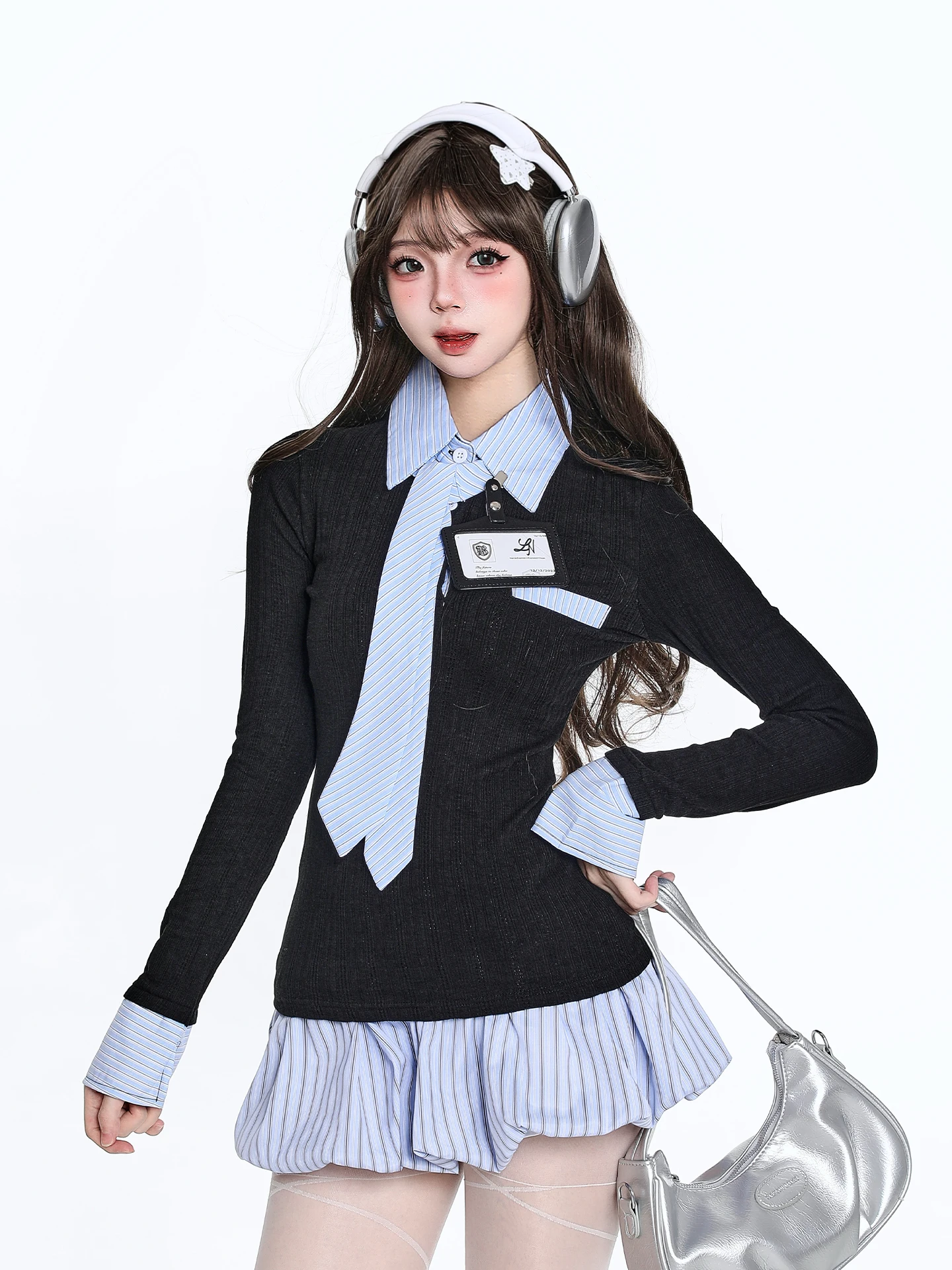 Korean Style Beautiful School Uniform Long Sleeve  Neck T-Shirt Women Slim Fit Waist Cinched Base Shirt Trendy Top