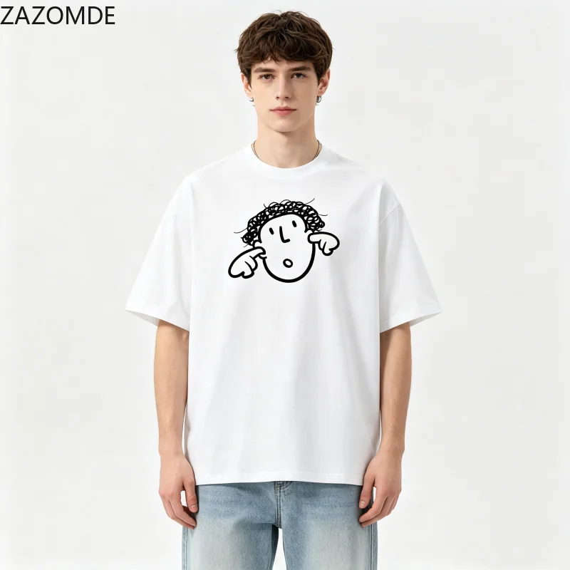 ZAZOMDE 2026 Casual Hip Hop Unisex T-shirt Funny Hand Drawn Surprised Curly Character Print Short Sleeve Loose Daily Wear Tees