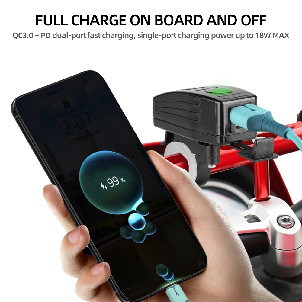 Motorcycle Charger PD+QC3.0 38W Waterproof 12V USB Moto Handlebar/Rear Mirror Dual Port Fast Charge Power Socket With Voltmeter