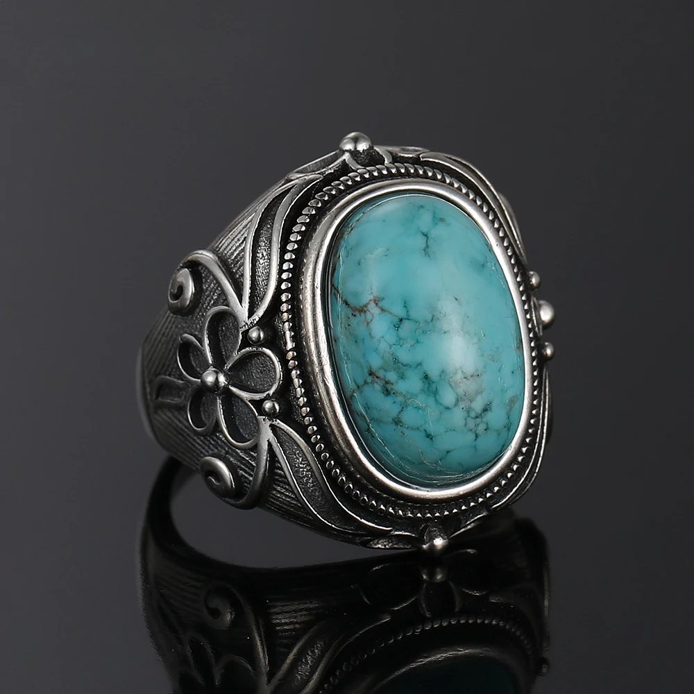 Vintage S925 Sterling Silver Ring Natural Turquoise Rings Luxury Jewelry Party Anniversary Birthday Gift for Women Man