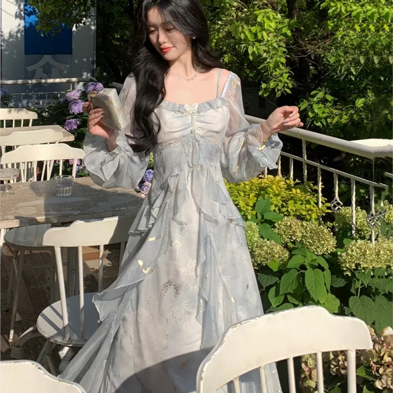 

Temperament gray-blue faint immortal hot gold ruffled long-sleeved dress