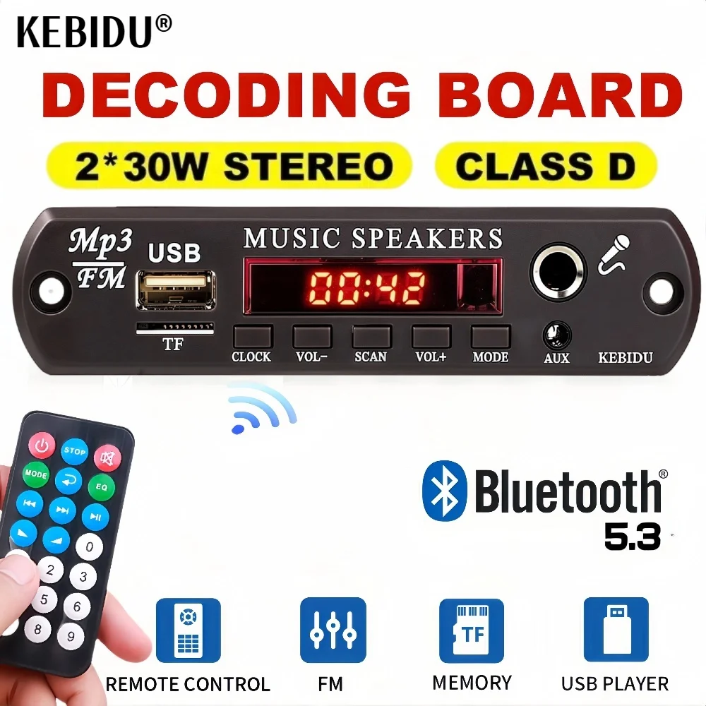 30W 60W Verstärker 12V MP3 Decoder Board Bluetooth 5.3 Stereo Audio DIY Auto MP3 Player FM Radio TF USB 6,5mm Mikrofonanschluss Aufnahme Anruf