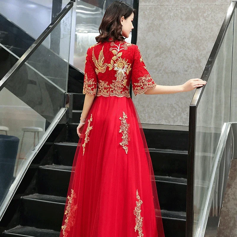 

Red Party Evening Long Cheongsam Retro Slim Dress Marriage Gown Chinese Style Wedding Qipao Lady Clothes kimono robe Formal Gown