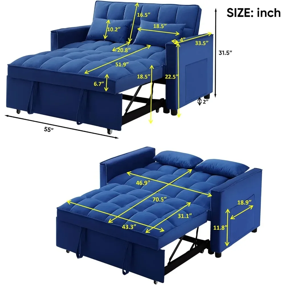 3 in 1 Convertible Sleeper Sofa Bed, Modern Velvet Loveseat Futon Couch w/Pullout Small Love Seat Lounge w/Reclining Backrest