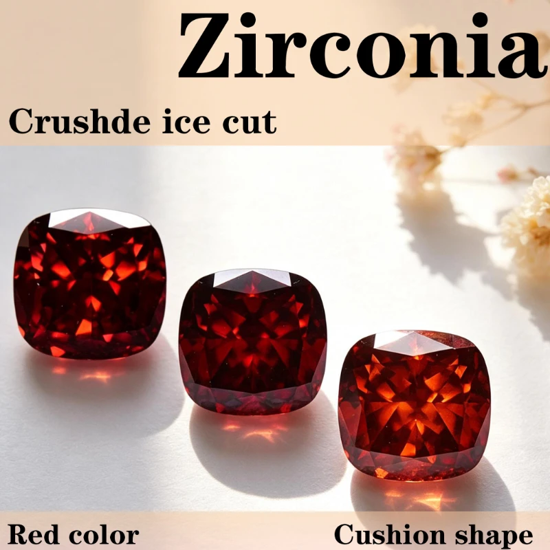 Kubisches Zirkonium, Crushed-Ice-Schliff, quadratische Kissenform, rote Farbe, 5A+-Qualität, CZ, 4K-Schliff, hochkarätiger Diamant – Detail 1