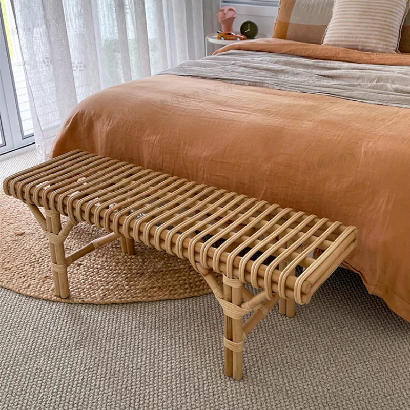 

Long and low stools, all made of rattan, French style benches, handmade with rattan weaving, shoes changing, benches, bed ends