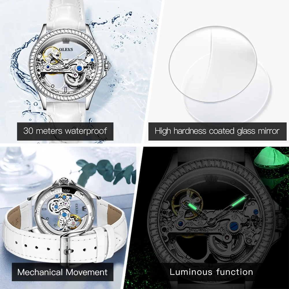 OLEVS Brand New Fashion Skeleton Mechanical Watch for Women Leather Strap Waterproof Transparent Womens Watches Relogio Feminino