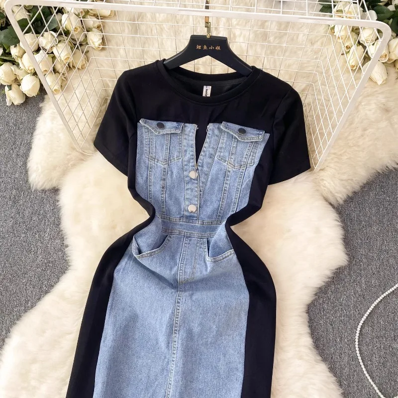 Neploe 2024 Summer New Patchwork Denim Dresses O-neck Slim Waist Dress for Women Y2k Short Sleeve Fake Two Piece Vestidos Mujer