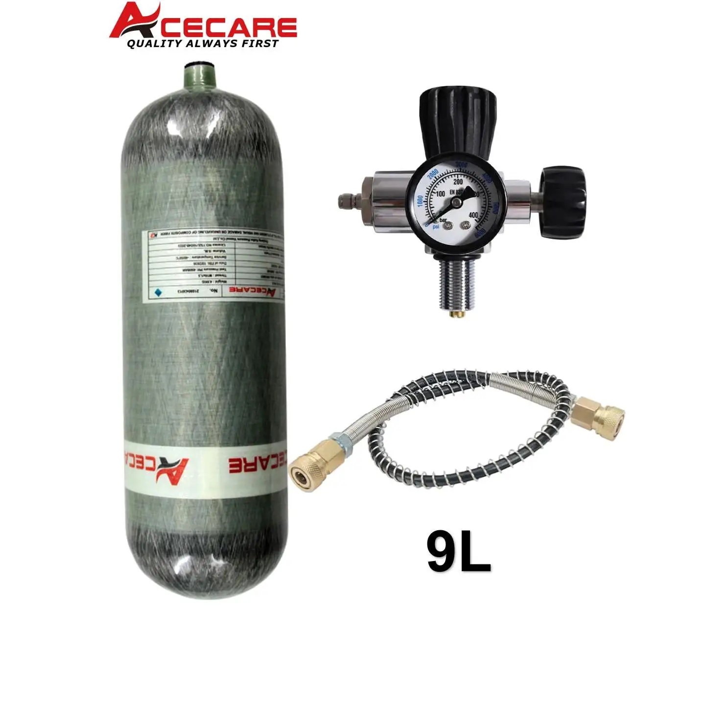 ACECARE 4500Psi 300Bar 9L Carbon Fiber Cylinder HPA Tank Diving Bottle Fill Station Valve Charging Regulator Valve M18*1.5