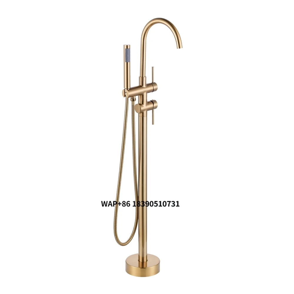 

Brushed Gold Freestanding Tub Filler High Flow Shower Mixer Taps with Cylinder Handheld, Floor Mount Bathtub Taps