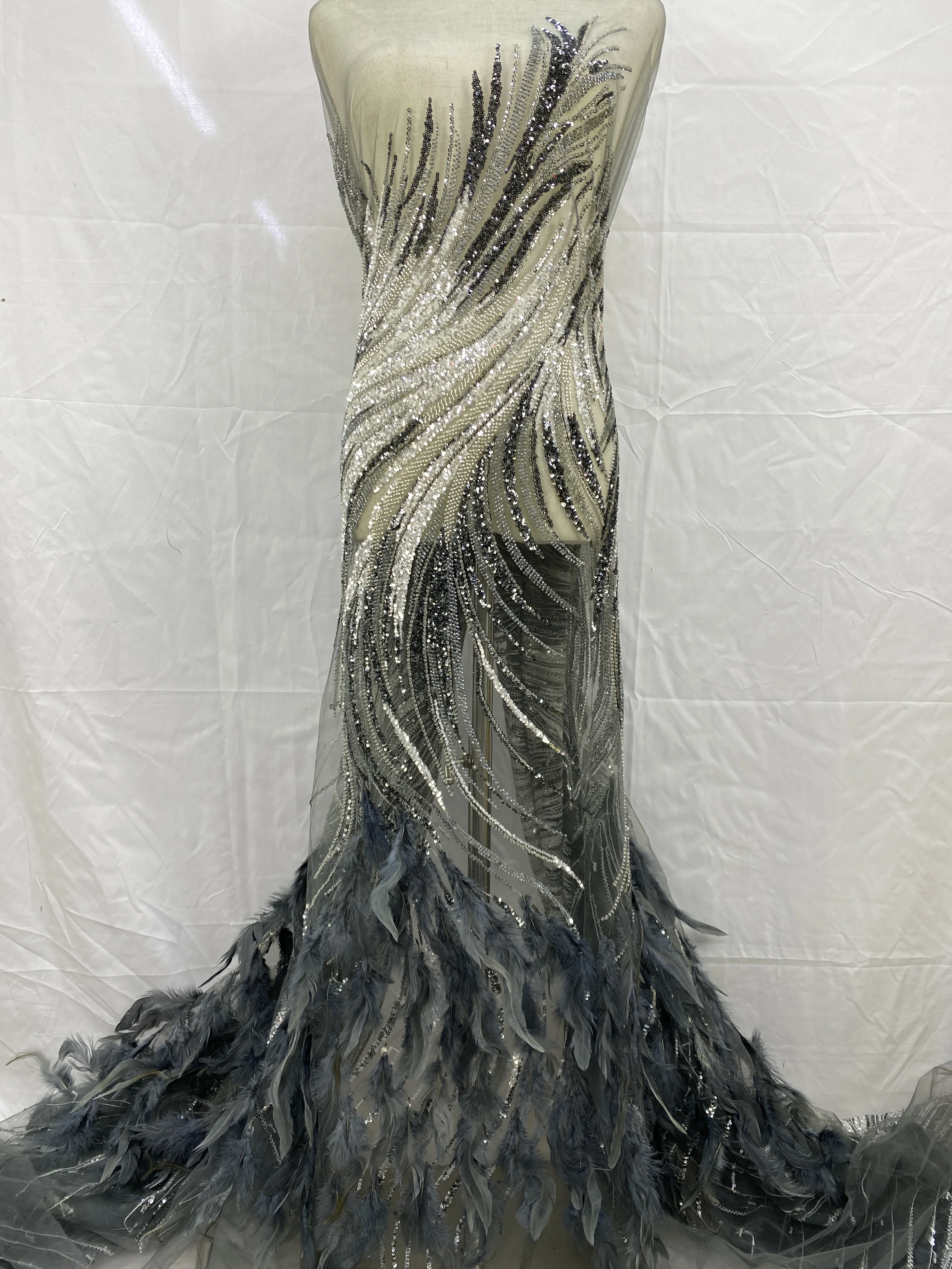 Wysokiej jakości afrykańska koronka z cekinami, siateczkowa koronka francuska luksusowa, haftowana tiulowa koronka 3D z piórami do szycia Asoebi