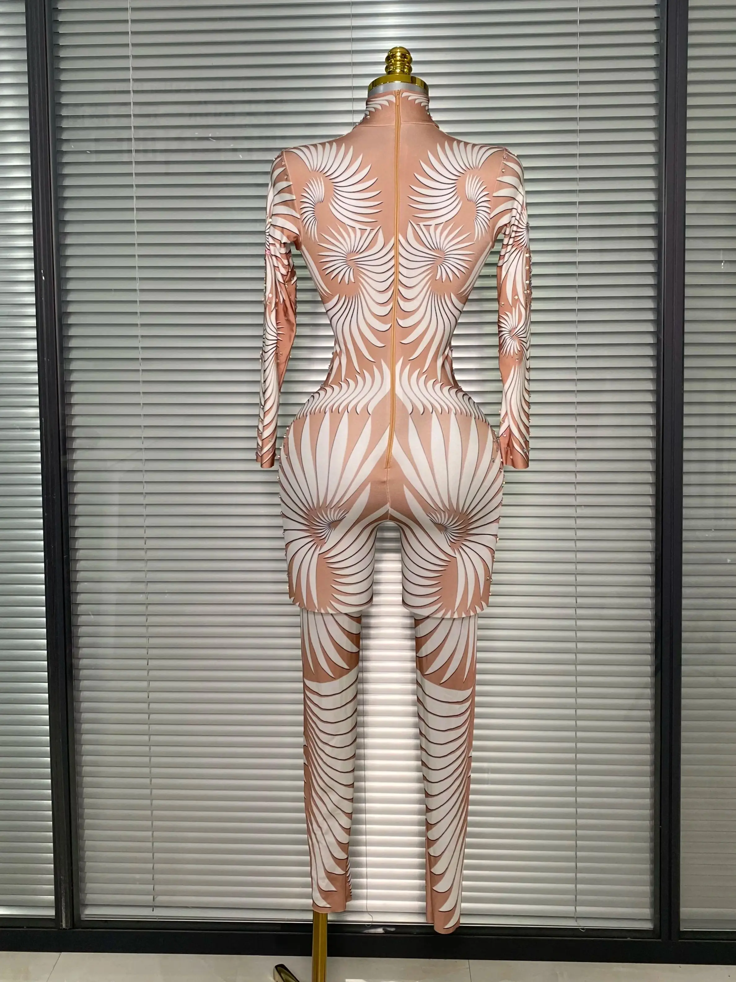 

New 2025 Women Sexy Print Crystal Skin Bodycon Jumpsuit Celebrity Designer Stretchy Singer Dancer Night Club Rompers