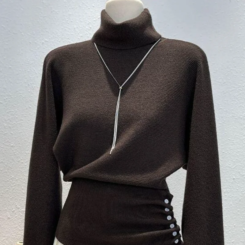 طالب الكرتون ملابس النساء عادية محبوك سترة الخريف الشتاء عالية الرقبة الجانب الطية تصميم بلايز 25 نمط جديد عصري #1