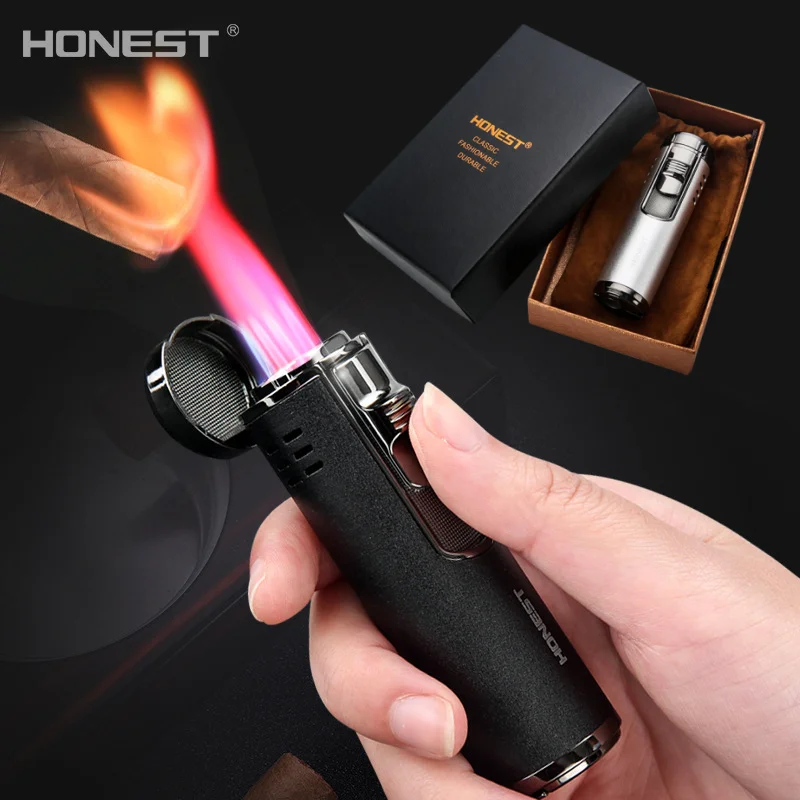 

HONEST Windproof Torch Jet Lighter Spray Gun Turbo Gas Metal Four Nozzles Butane Cigar Cigarettes Lighters Smoking Accessories