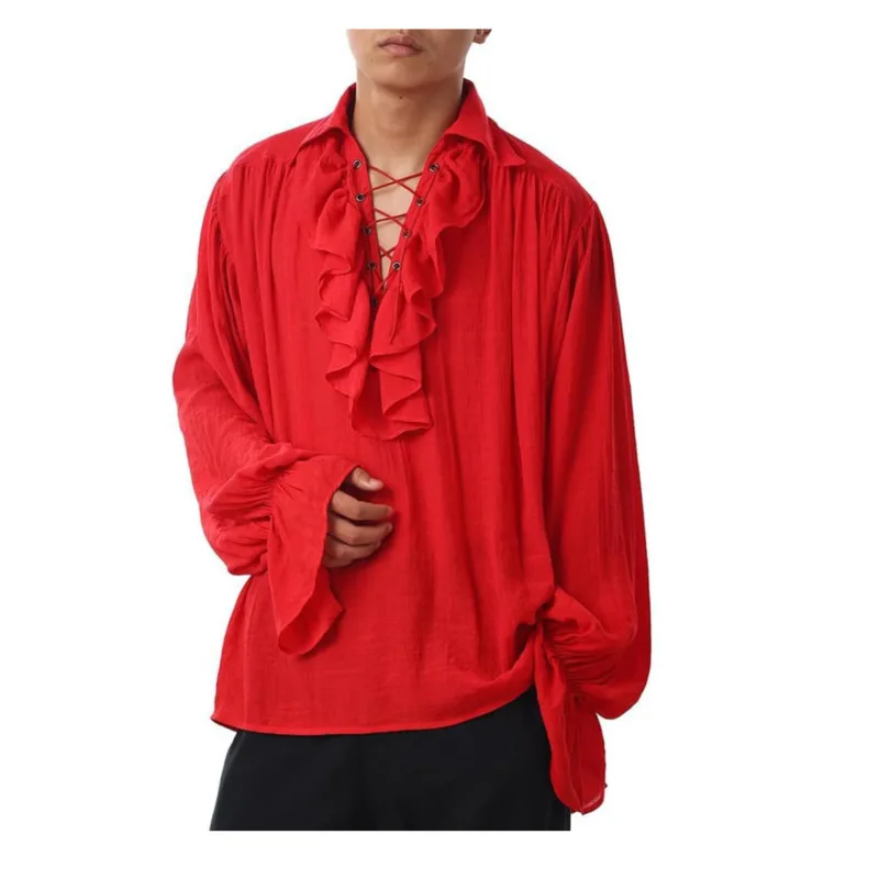 WVGA Summer New Men's Performance Costume Lace-Up Vintage Puff Sleeved Shirts Ncihe Chic Casual Turn-Down Collar Tops Ins W23784
