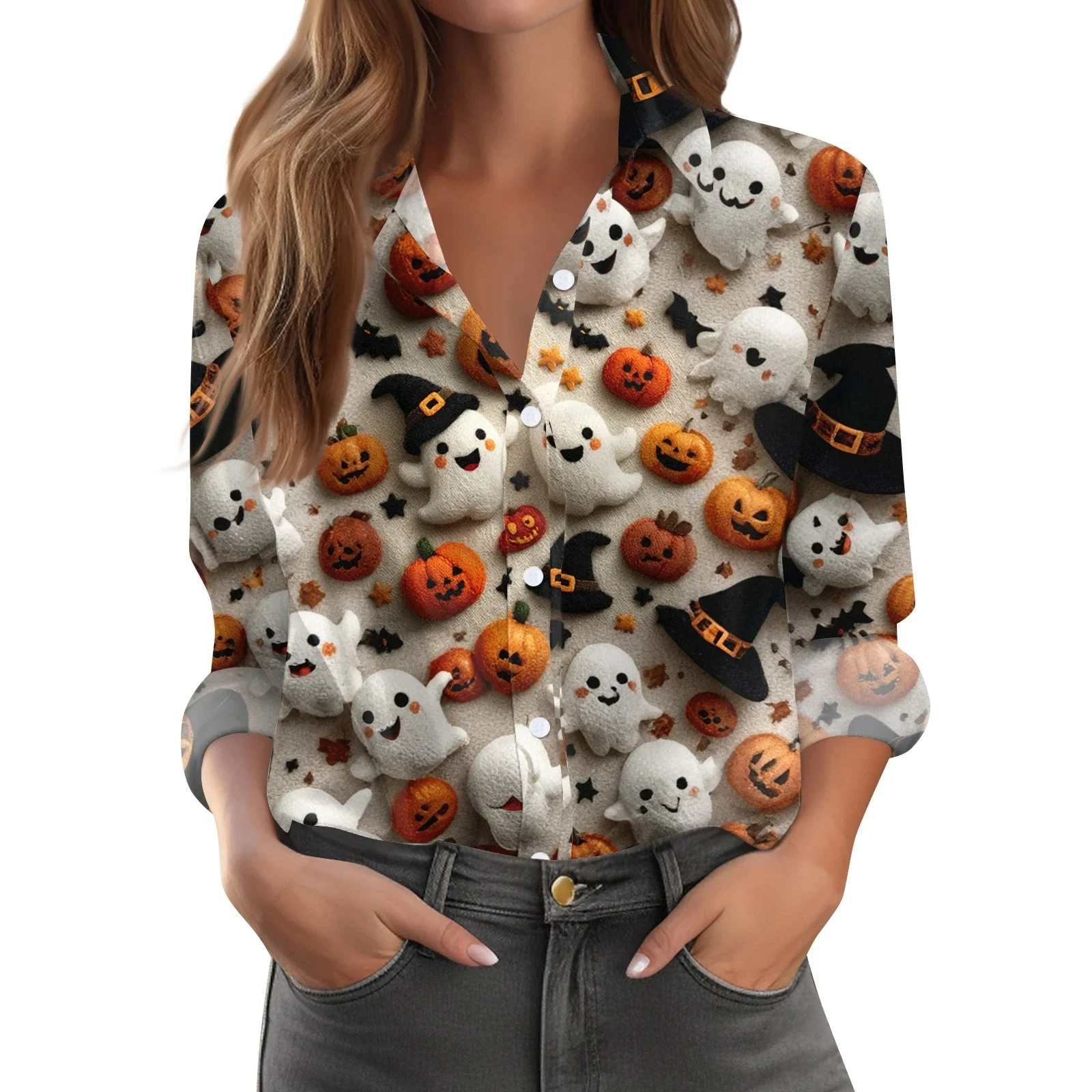 

Рубашка с тыквой и призраком на Хэллоуин, осенняя рубашка на пуговицах, топ с длинными рукавами и принтом черепа, женская жуткая милая рубашка с призраком и цветочным принтом