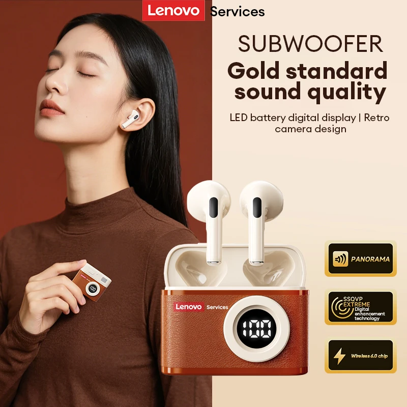 Lenovo LE218 TWS Wireless Retro CCD Earphones Bluetooth 6.0 Vintage Leather Earbuds LED Digital Display Headphones Low Latency